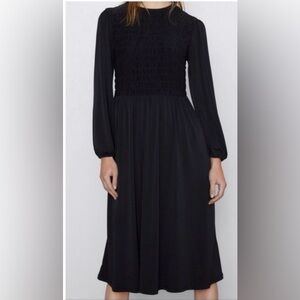 "Zara Long Sleeve Smocked Midi Dress in Black - Size M"